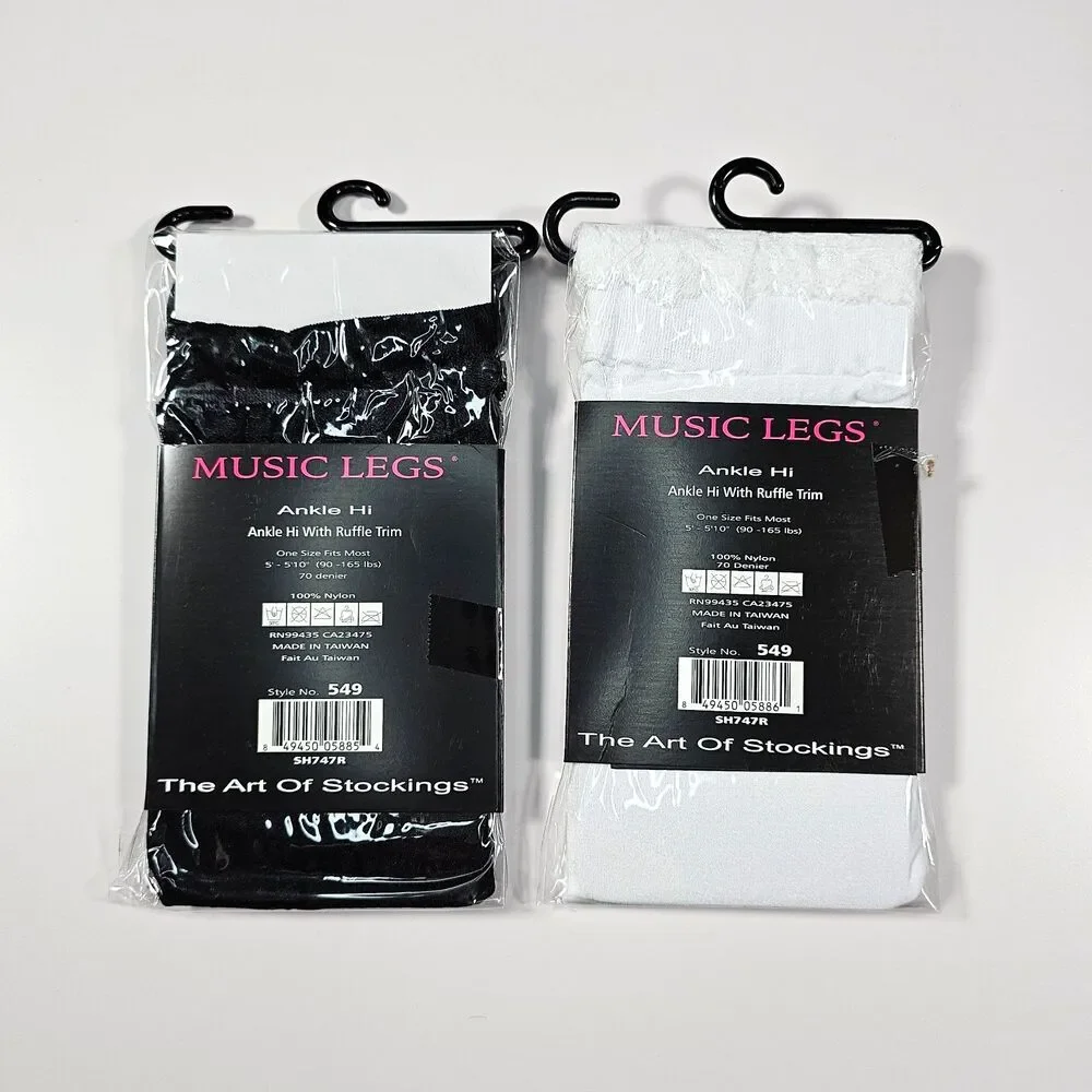 Lot of 2 Music Legs Ankle Socks with Ruffle Trim, Black & White, One Size